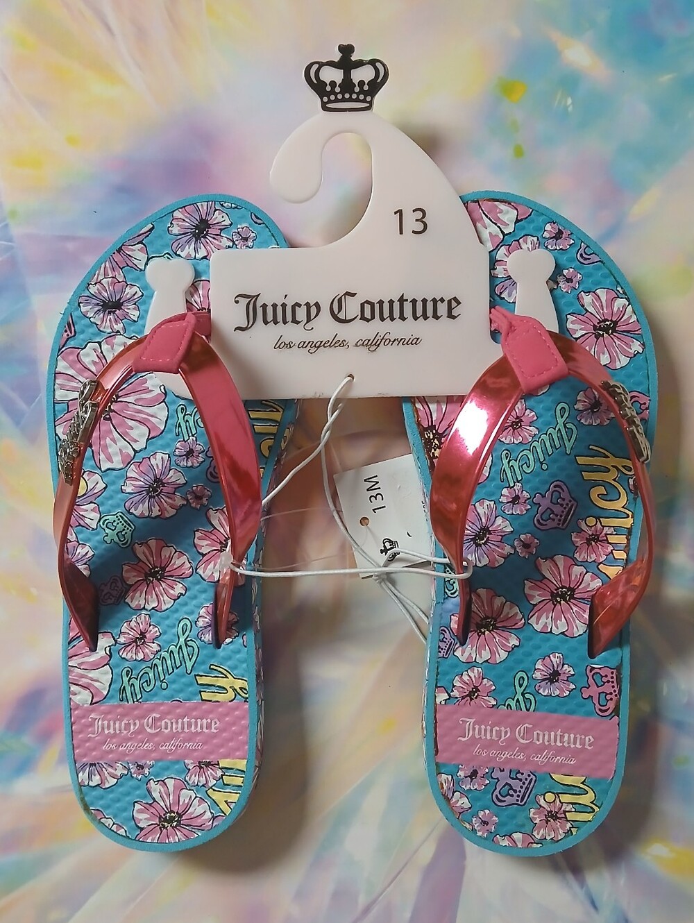 Juicy Couture Pink Strap Floral Teal Footbed Flip Flops